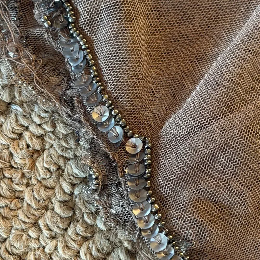 Y2K Beaded Mesh Fairy Top Sheer Brown Babydoll Cardigan
